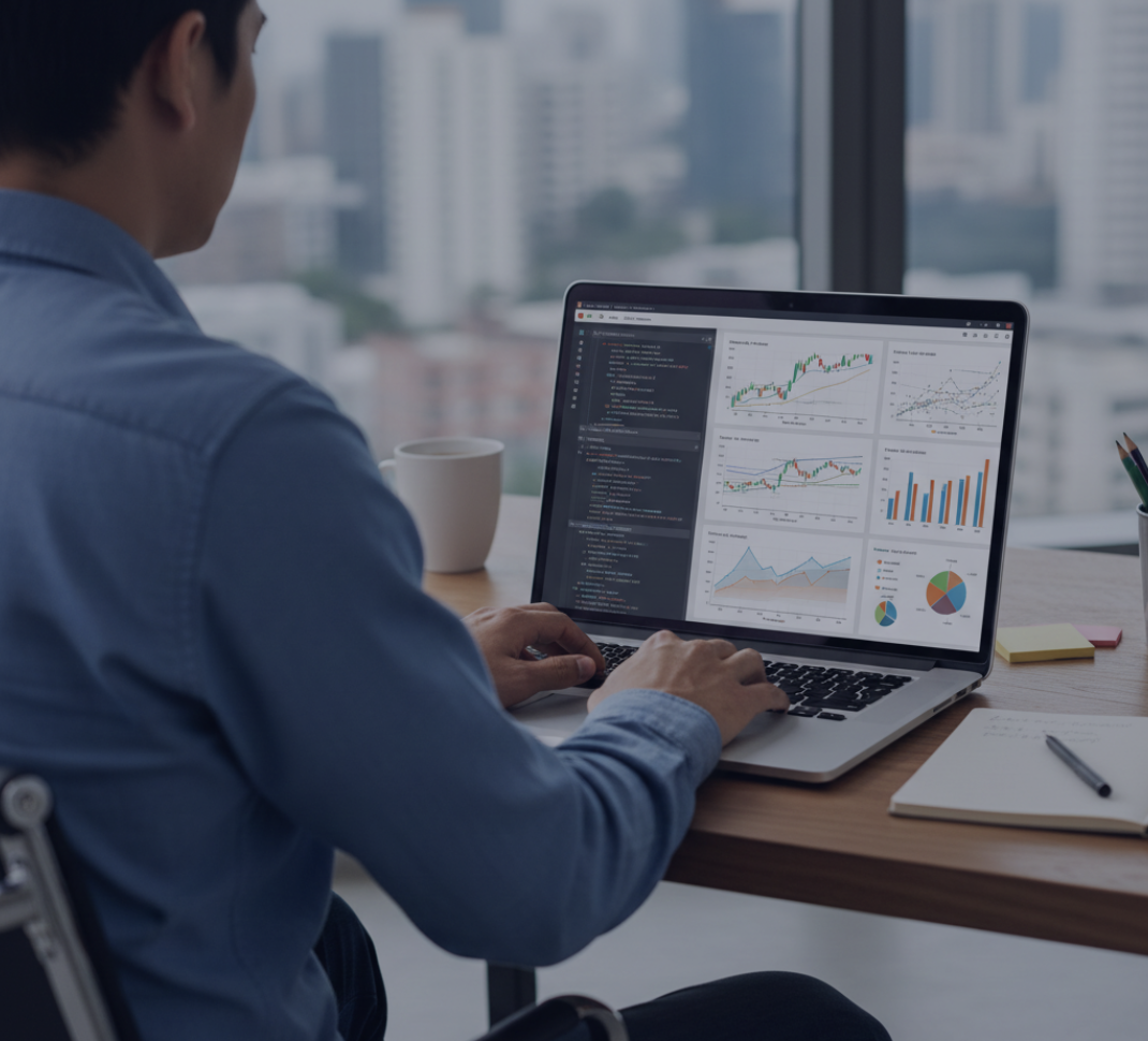 Data Analyst devant son ordinateur utilisant des outils d'anaytics comme Python.